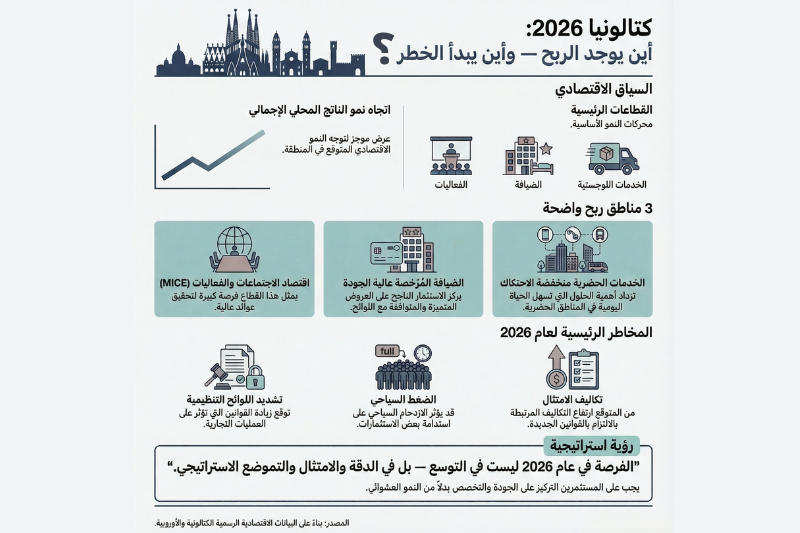 إنفوجرافيك يوضح خارطة الفرص والمخاطر للاستثمار في كتالونيا 2026 والقطاعات الرابحة.