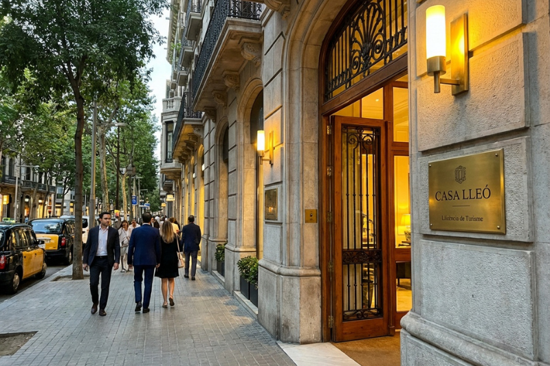 مشاة أمام مدخل مبنى سياحي فاخر في شوارع برشلونة الراقية.