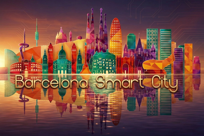 تصميم جرافيكي يظهر معالم برشلونة كمدينة ذكية (Smart City) تجمع بين التراث والتكنولوجيا.