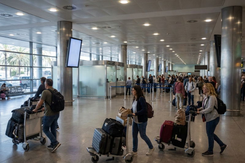 مسافرون في صالة الوصول بمطار برشلونة إل برات قبل إجراءات الجوازات