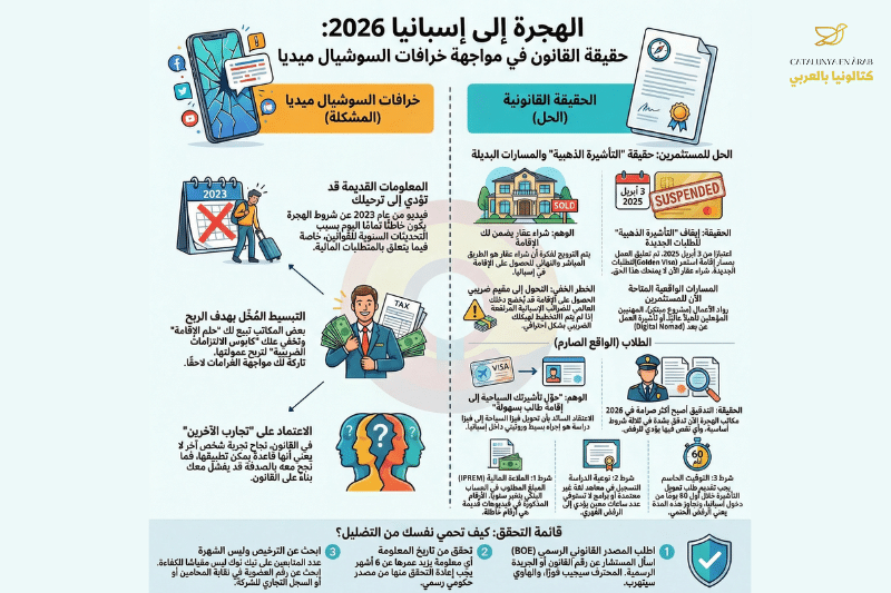 إنفوغرافيك يوضح خرافات السوشيال ميديا مقابل الحقيقة القانونية للهجرة إلى إسبانيا 2026، مع نقاط عن التأشيرة الذهبية ومسارات الدراسة والتحقق من BOE.