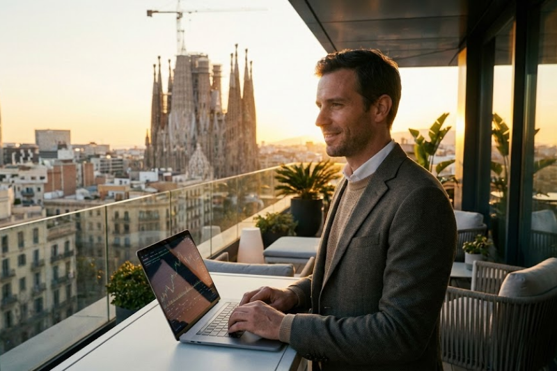 رجل أعمال يعمل على حاسوب محمول في شرفة علوية مطلة على كاتدرائية ساغرادا فاميليا في برشلونة أثناء غروب الشمس.