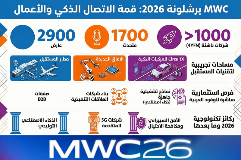 إنفوجرافيك يلخص MWC برشلونة 2026: 2900 عارض، 1700 متحدث، وأكثر من 1000 شركة ناشئة (4YFN)، مع مساحات مطار المستقبل والآفاق الجديدة وCircuitX