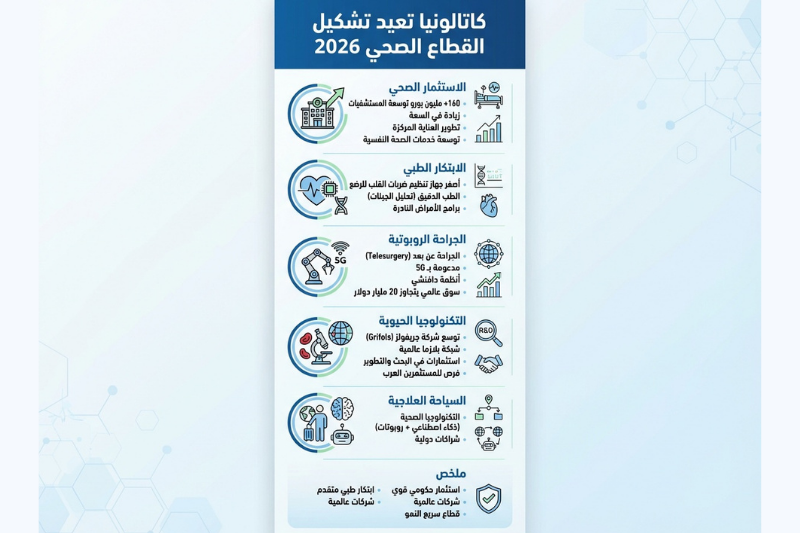 إنفوغراف يوضح تطور قطاع الرعاية الصحية في كتالونيا 2026 والاستثمار الطبي في برشلونة