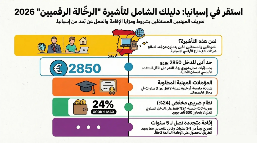 إنفوغرافيك: دليل تأشيرة الرحّالة الرقميين في إسبانيا 2026 - الشروط والمتطلبات للمقيمين العرب
