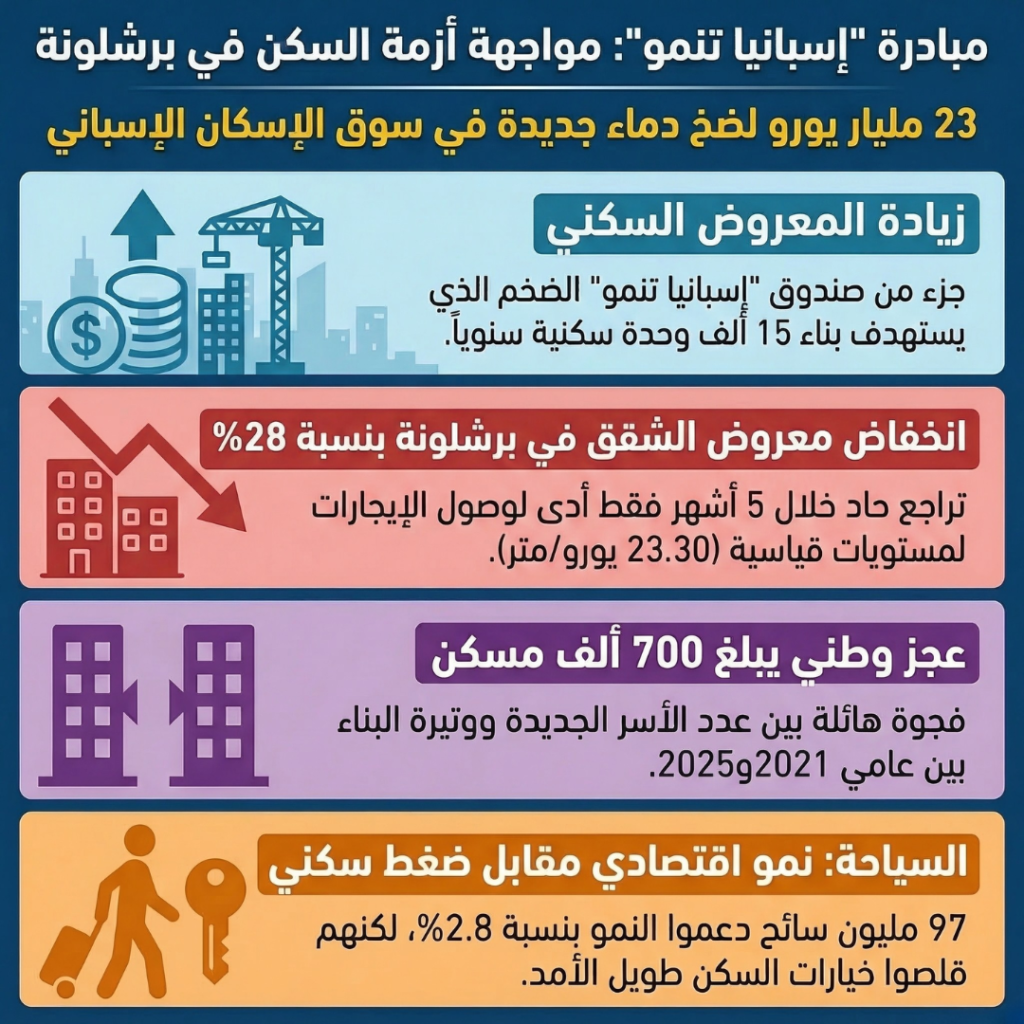 إنفوجرافيك يوضح أبرز أرقام أزمة السكن في Barcelona وخطة الحكومة في Spain لضخ 23 مليار يورو لزيادة المعروض السكني.