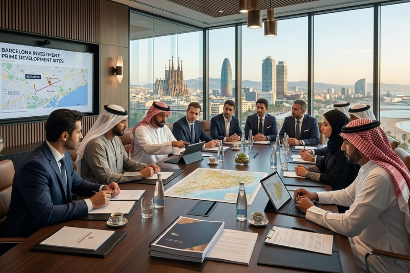 مشهد اجتماع عمل مهني ومتنوع في قاعة مؤتمرات عصرية ذات إطلالة بانورامية على أفق مدينة برشلونة. يجلس مجموعة من رجال الأعمال يرتدون بدلات وثياب تقليدية عربية (ثوب وشماغ)، بالإضافة إلى امرأة بعباية وحجاب، حول طاولة مؤتمرات خشبية كبيرة. يتفاعلون مع أجهزة لوحية وخرائط مطبوعة للمدينة. تظهر شاشة عرض كبيرة على الحائط خريطة للمدينة وعليها عنوان بارز 'BARCELONA INVESTMENT: PRIME DEVELOPMENT SITES'. في الخلفية، خارج النوافذ الكبيرة، تظهر معالم برشلونة الرئيسية بوضوح، بما في ذلك كاتدرائية Sagrada Familia وبرج Agbar والبحر الأبيض المتوسط
