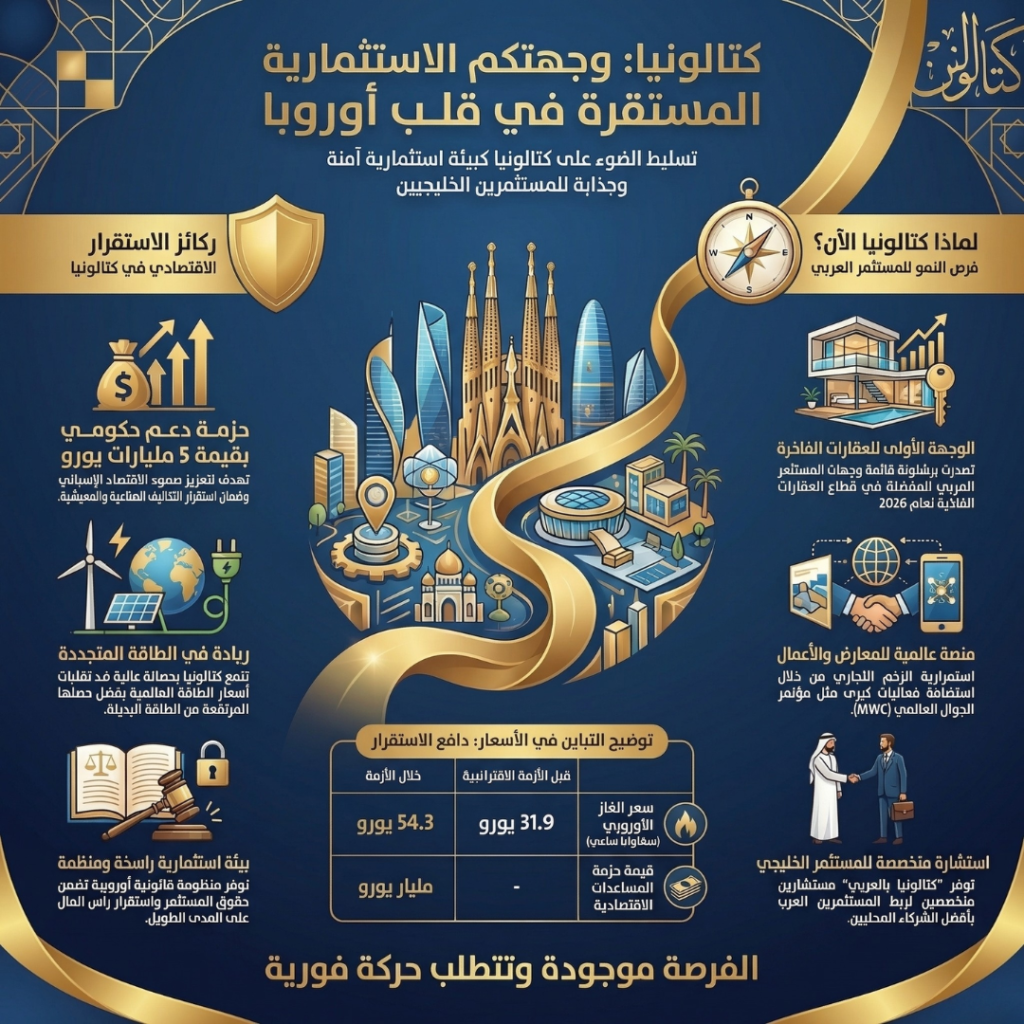 إنفوغرافيك يُبرز ركائز الاستقرار الاقتصادي في كتالونيا وفرص الاستثمار العقاري والتكنولوجي للمستثمر العربي في ظل أزمة الطاقة العالمية 2026