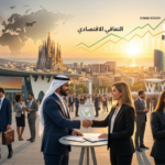 رجل أعمال خليجي يُبرم شراكة تجارية مع مستثمرة أوروبية في برشلونة أمام أفق المدينة، في إشارة إلى صمود كتالونيا الاقتصادي وفرص التعافي رغم تداعيات حرب الخليج 2026