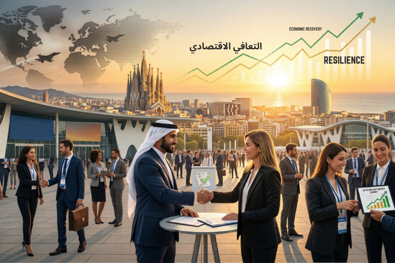 رجل أعمال خليجي يُبرم شراكة تجارية مع مستثمرة أوروبية في برشلونة أمام أفق المدينة، في إشارة إلى صمود كتالونيا الاقتصادي وفرص التعافي رغم تداعيات حرب الخليج 2026