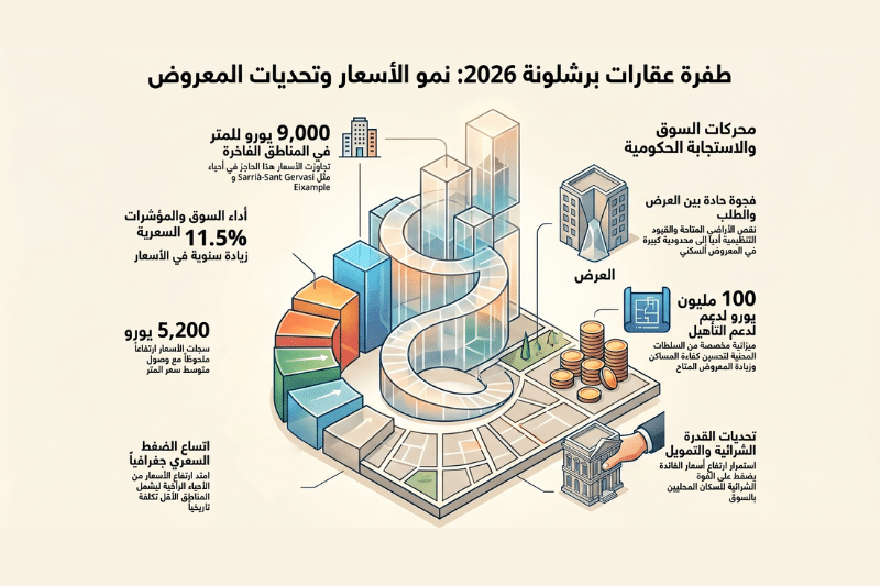 انفوغراف نمو الاسعار وتحديات المعروض في السوق العقاري ببرشلونة