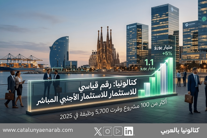 أفق مدينة برشلونة في الغروب مع رسم بياني متراكب يوضح تسجيل رقم قياسي للاستثمار الأجنبي المباشر في كتالونيا عام 2025 بقيمة 1.1 مليار يورو، مما وفر 5,700 وظيفة في أكثر من 100 مشروع.