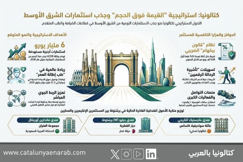 إنفوغرافيك يوضح استراتيجية كتالونيا لجذب استثمارات الشرق الأوسط في قطاعات الضيافة والطب المتقدم، ويتضمن الأهداف المتوقعة، الحوافز الاستثمارية، وأمثلة لتوزيع ملكية الفنادق الفاخرة.