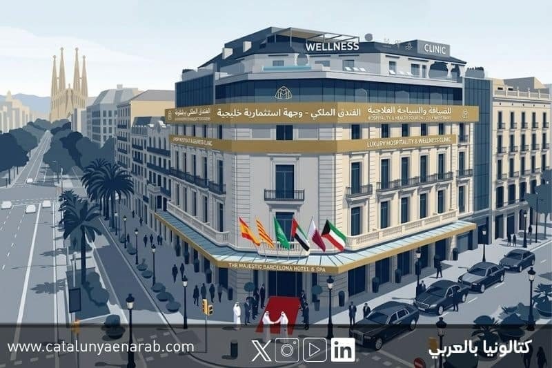 تصميم فني تجريدي لواجهة فندق فاخر في برشلونة ترفرف عليه أعلام دول خليجية وإسبانيا، مع لافتات تبرز الاستثمار الخليجي في الضيافة والسياحة العلاجية.