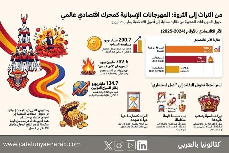 إنفوغراف يوضح الأثر الاقتصادي للمهرجانات الإسبانية ومساهمتها في السياحة والاقتصاد، مع مقارنة بين Las Fallas وSan Fermín