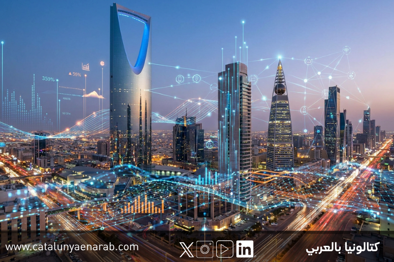 أفق مدينة الرياض الحديث تتقاطع معه خطوط رقمية تعكس التحول التكنولوجي والاستثمار في البنية التحتية بالسعودية.