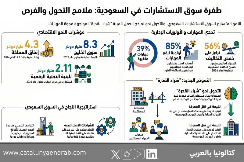 إنفوغرافيك يوضح نمو سوق الاستشارات في السعودية وتحديات فجوة المهارات وتوجه المؤسسات نحو نماذج العمل المرنة ونقل المعرفة.