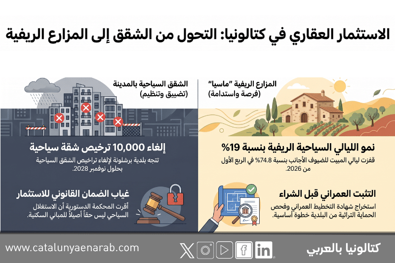 إنفوجرافيك يقارن بين تقييد الشقق السياحية في برشلونة وفرص المزارع الريفية في كتالونيا، مع أرقام التراخيص ونمو ليالي المبيت.