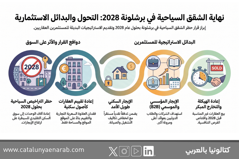 إنفوجرافيك يوضح دوافع قرار إنهاء الشقق السياحية في برشلونة والبدائل الاستثمارية كالإيجار السكني والمؤسسي وإعادة الهيكلة.